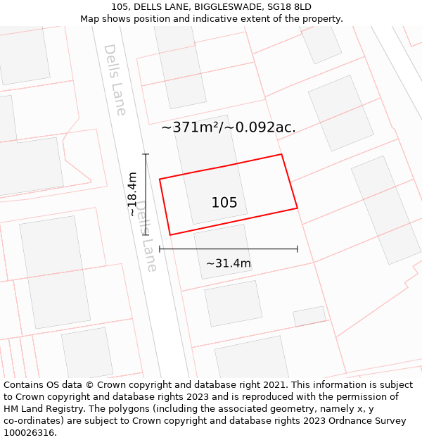 105, DELLS LANE, BIGGLESWADE, SG18 8LD: Plot and title map