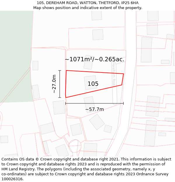 105, DEREHAM ROAD, WATTON, THETFORD, IP25 6HA: Plot and title map