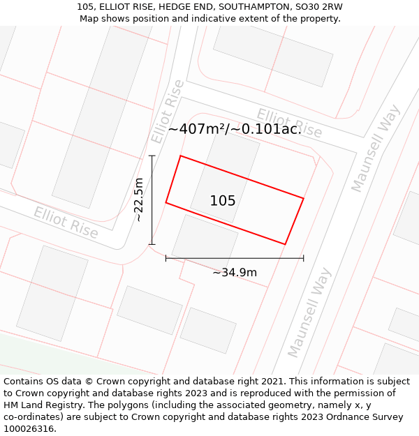 105, ELLIOT RISE, HEDGE END, SOUTHAMPTON, SO30 2RW: Plot and title map