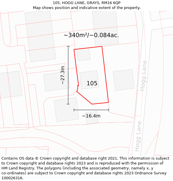 105, HOGG LANE, GRAYS, RM16 6QP: Plot and title map