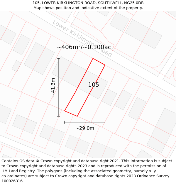 105, LOWER KIRKLINGTON ROAD, SOUTHWELL, NG25 0DR: Plot and title map