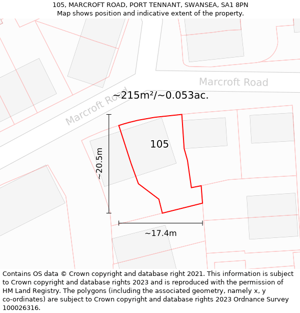 105, MARCROFT ROAD, PORT TENNANT, SWANSEA, SA1 8PN: Plot and title map