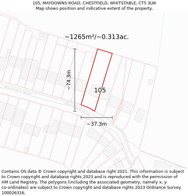 105, MAYDOWNS ROAD, CHESTFIELD, WHITSTABLE, CT5 3LW: Plot and title map