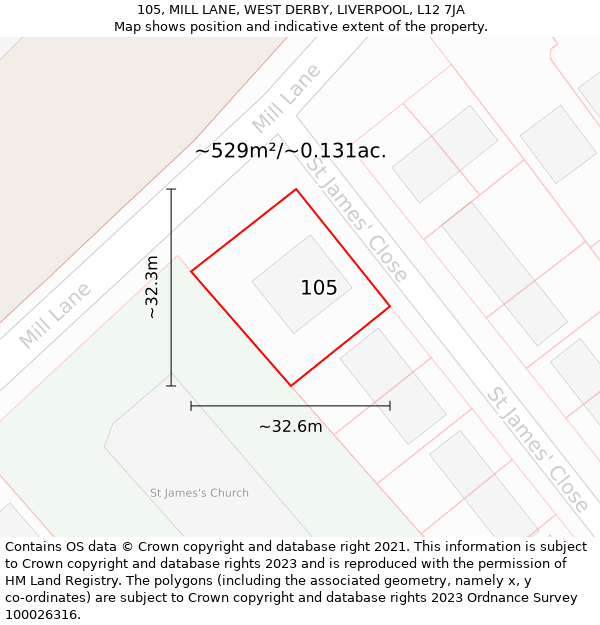 105, MILL LANE, WEST DERBY, LIVERPOOL, L12 7JA: Plot and title map