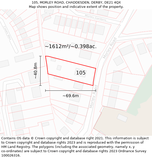 105, MORLEY ROAD, CHADDESDEN, DERBY, DE21 4QX: Plot and title map