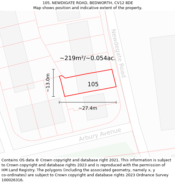 105, NEWDIGATE ROAD, BEDWORTH, CV12 8DE: Plot and title map