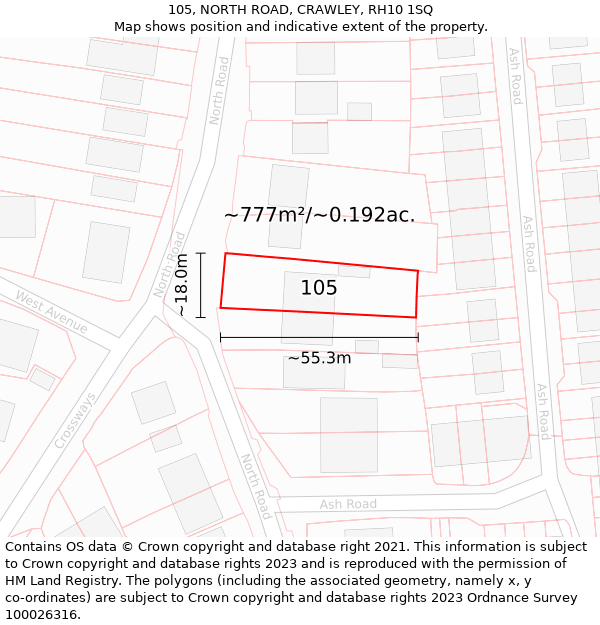 105, NORTH ROAD, CRAWLEY, RH10 1SQ: Plot and title map