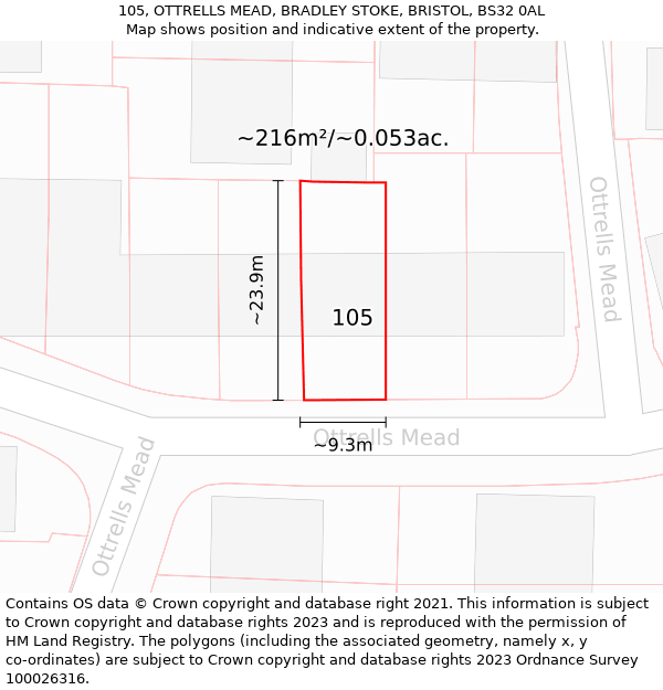 105, OTTRELLS MEAD, BRADLEY STOKE, BRISTOL, BS32 0AL: Plot and title map