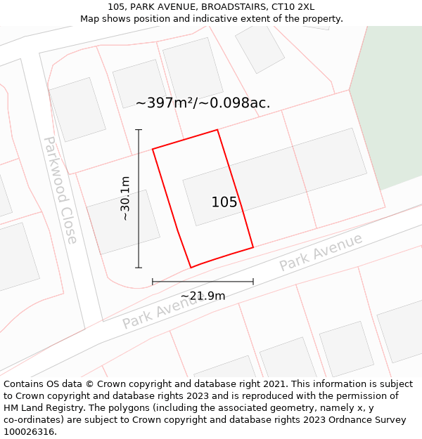 105, PARK AVENUE, BROADSTAIRS, CT10 2XL: Plot and title map