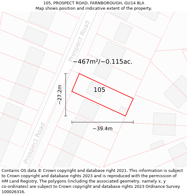 105, PROSPECT ROAD, FARNBOROUGH, GU14 8LA: Plot and title map