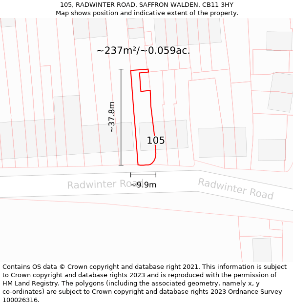 105, RADWINTER ROAD, SAFFRON WALDEN, CB11 3HY: Plot and title map