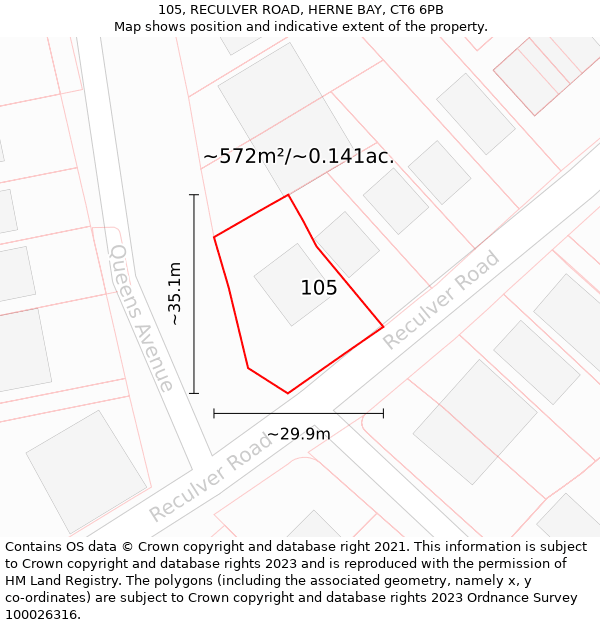 105, RECULVER ROAD, HERNE BAY, CT6 6PB: Plot and title map