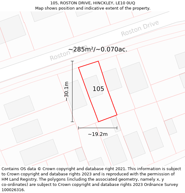 105, ROSTON DRIVE, HINCKLEY, LE10 0UQ: Plot and title map