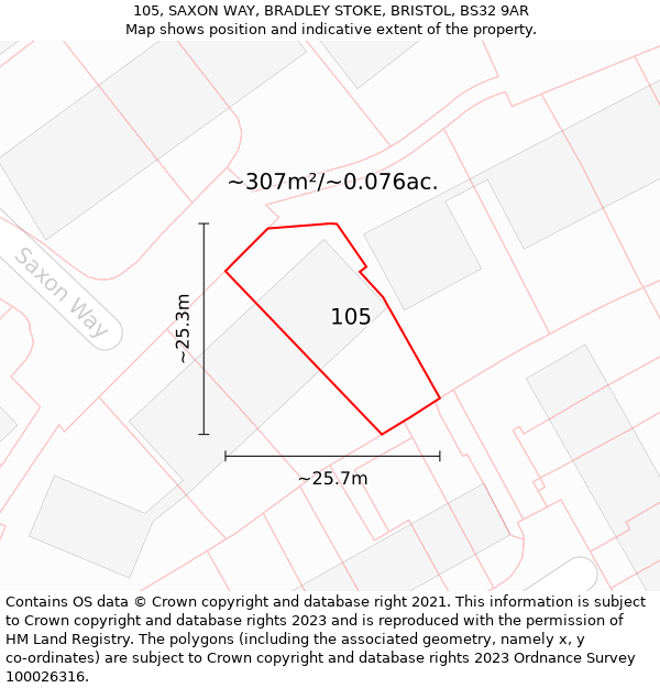 105, SAXON WAY, BRADLEY STOKE, BRISTOL, BS32 9AR: Plot and title map