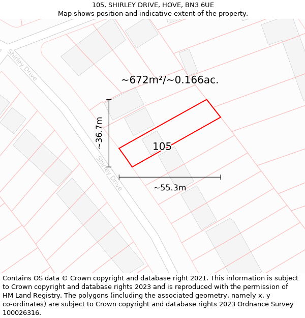 105, SHIRLEY DRIVE, HOVE, BN3 6UE: Plot and title map