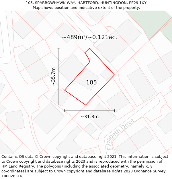 105, SPARROWHAWK WAY, HARTFORD, HUNTINGDON, PE29 1XY: Plot and title map