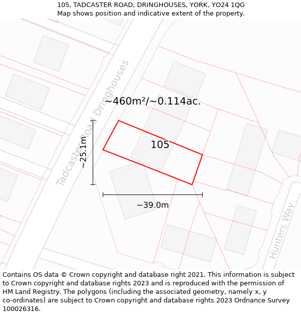 105, TADCASTER ROAD, DRINGHOUSES, YORK, YO24 1QG: Plot and title map