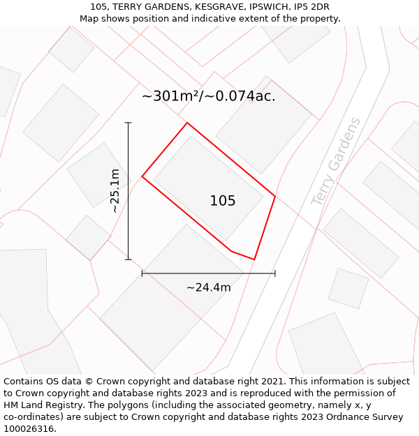 105, TERRY GARDENS, KESGRAVE, IPSWICH, IP5 2DR: Plot and title map