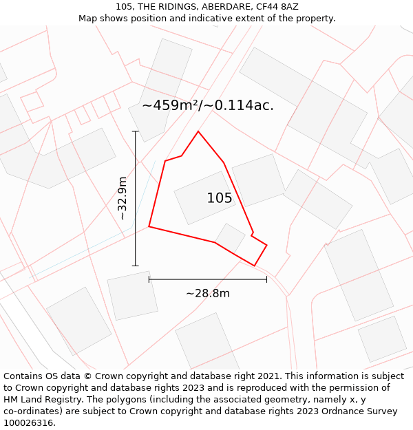 105, THE RIDINGS, ABERDARE, CF44 8AZ: Plot and title map