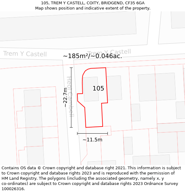 105, TREM Y CASTELL, COITY, BRIDGEND, CF35 6GA: Plot and title map