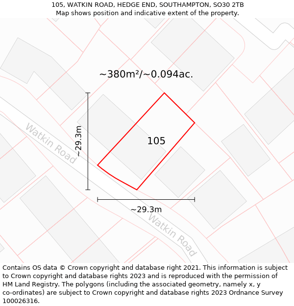 105, WATKIN ROAD, HEDGE END, SOUTHAMPTON, SO30 2TB: Plot and title map