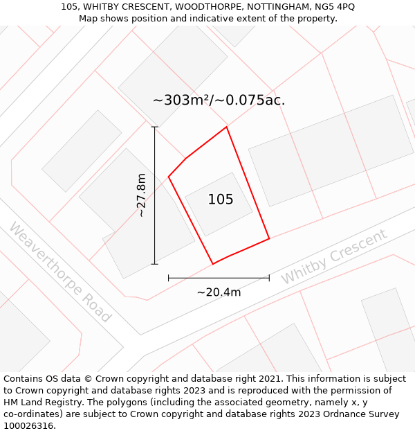 105, WHITBY CRESCENT, WOODTHORPE, NOTTINGHAM, NG5 4PQ: Plot and title map