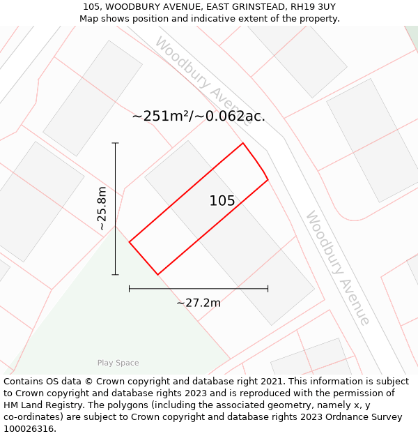 105, WOODBURY AVENUE, EAST GRINSTEAD, RH19 3UY: Plot and title map