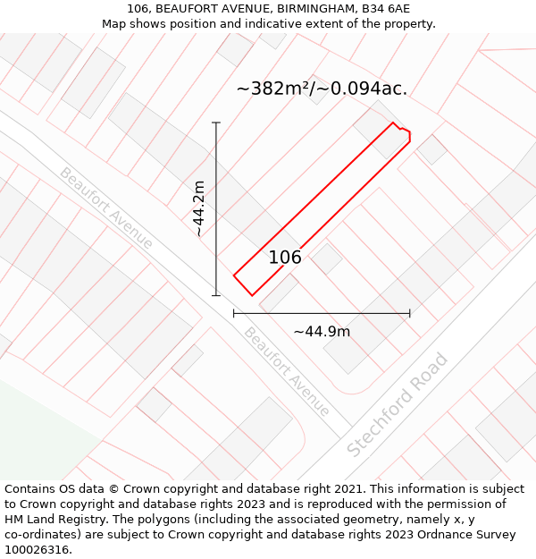 106, BEAUFORT AVENUE, BIRMINGHAM, B34 6AE: Plot and title map