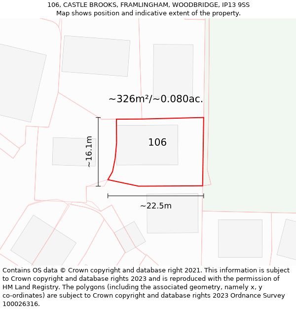 106, CASTLE BROOKS, FRAMLINGHAM, WOODBRIDGE, IP13 9SS: Plot and title map