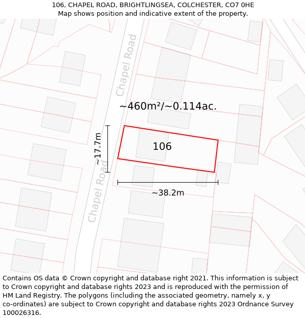 106, CHAPEL ROAD, BRIGHTLINGSEA, COLCHESTER, CO7 0HE: Plot and title map