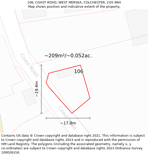 106, COAST ROAD, WEST MERSEA, COLCHESTER, CO5 8NA: Plot and title map