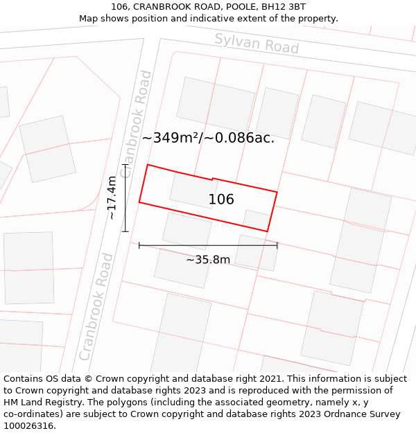 106, CRANBROOK ROAD, POOLE, BH12 3BT: Plot and title map