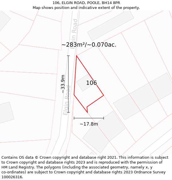 106, ELGIN ROAD, POOLE, BH14 8PR: Plot and title map