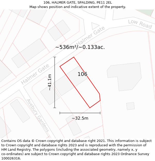 106, HALMER GATE, SPALDING, PE11 2EL: Plot and title map