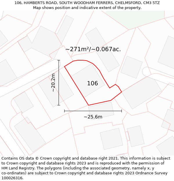 106, HAMBERTS ROAD, SOUTH WOODHAM FERRERS, CHELMSFORD, CM3 5TZ: Plot and title map