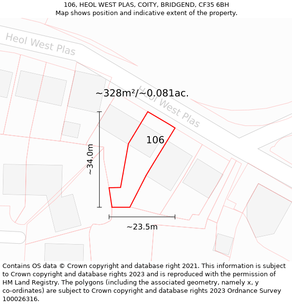 106, HEOL WEST PLAS, COITY, BRIDGEND, CF35 6BH: Plot and title map