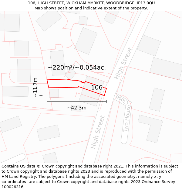 106, HIGH STREET, WICKHAM MARKET, WOODBRIDGE, IP13 0QU: Plot and title map