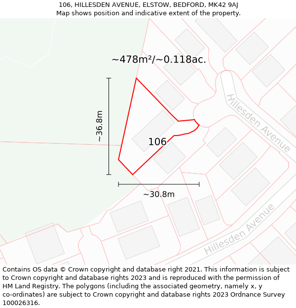 106, HILLESDEN AVENUE, ELSTOW, BEDFORD, MK42 9AJ: Plot and title map