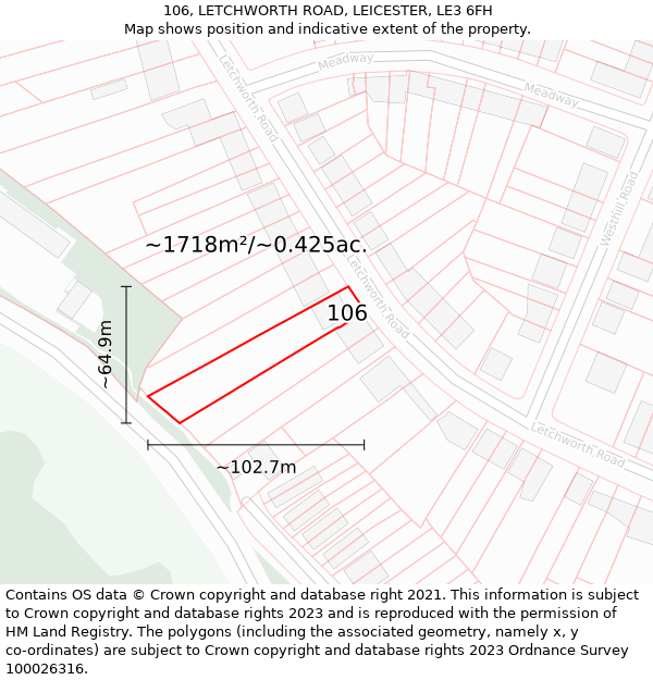 106, LETCHWORTH ROAD, LEICESTER, LE3 6FH: Plot and title map