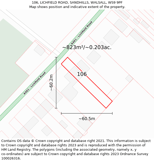 106, LICHFIELD ROAD, SANDHILLS, WALSALL, WS9 9PF: Plot and title map