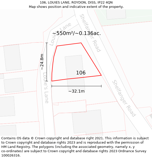 106, LOUIES LANE, ROYDON, DISS, IP22 4QN: Plot and title map