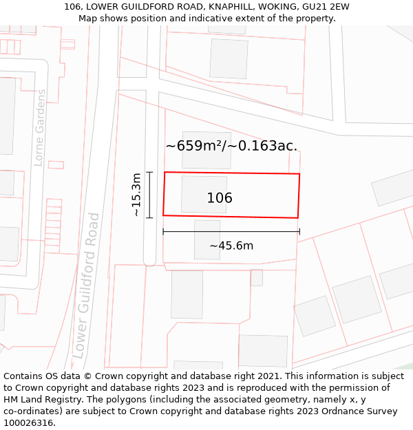 106, LOWER GUILDFORD ROAD, KNAPHILL, WOKING, GU21 2EW: Plot and title map