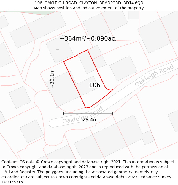 106, OAKLEIGH ROAD, CLAYTON, BRADFORD, BD14 6QD: Plot and title map