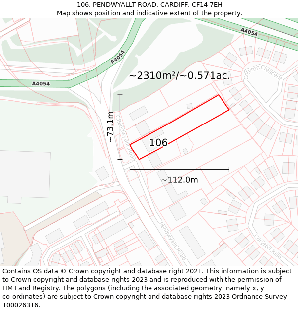106, PENDWYALLT ROAD, CARDIFF, CF14 7EH: Plot and title map