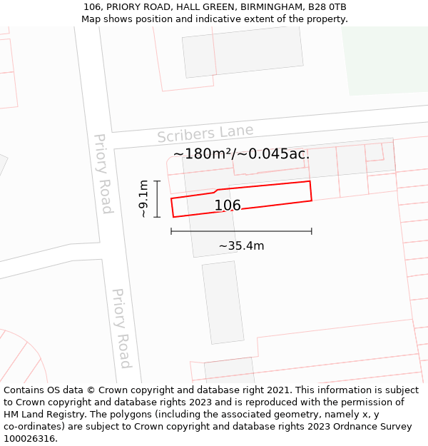 106, PRIORY ROAD, HALL GREEN, BIRMINGHAM, B28 0TB: Plot and title map