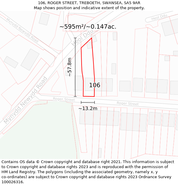 106, ROGER STREET, TREBOETH, SWANSEA, SA5 9AR: Plot and title map