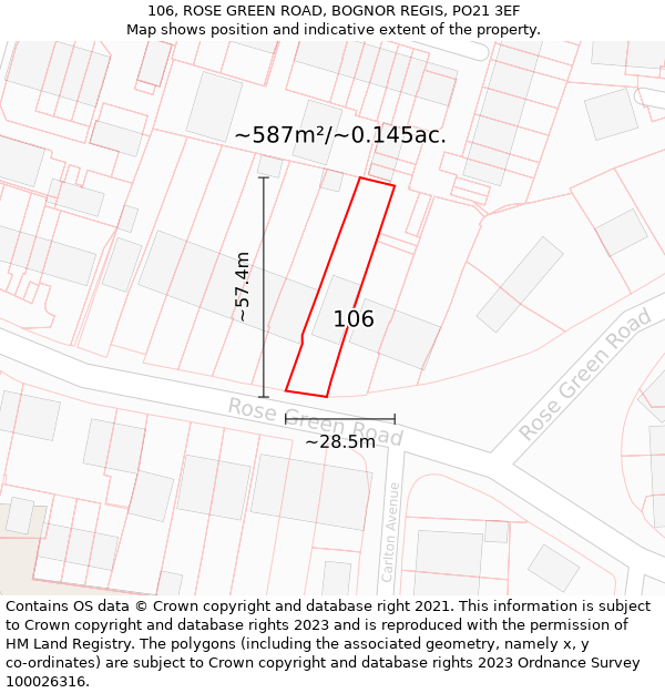 106, ROSE GREEN ROAD, BOGNOR REGIS, PO21 3EF: Plot and title map