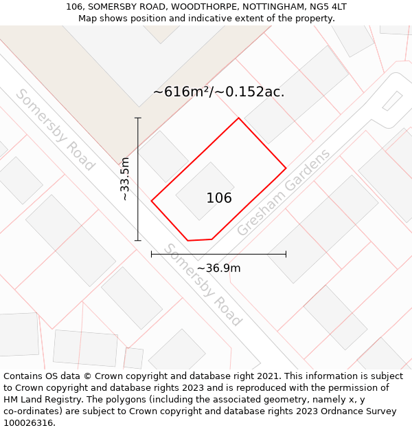 106, SOMERSBY ROAD, WOODTHORPE, NOTTINGHAM, NG5 4LT: Plot and title map