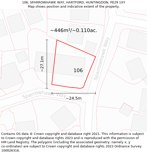 106, SPARROWHAWK WAY, HARTFORD, HUNTINGDON, PE29 1XY: Plot and title map