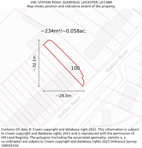 106, STATION ROAD, GLENFIELD, LEICESTER, LE3 8BR: Plot and title map